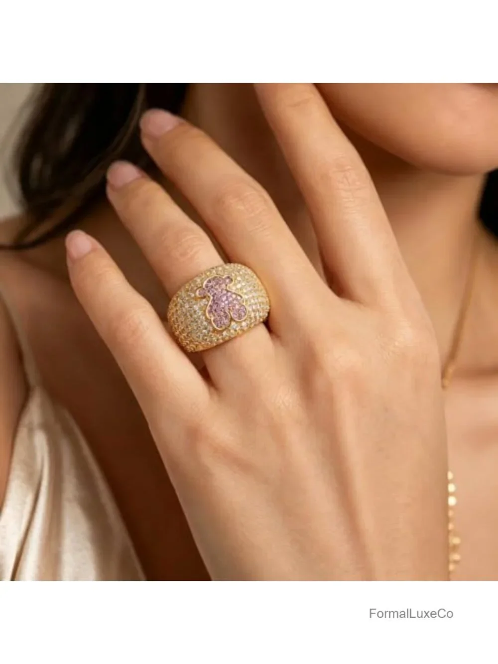 14K Gold Plated Pave CZ Bear Dome Statement Ring Women's Cocktail